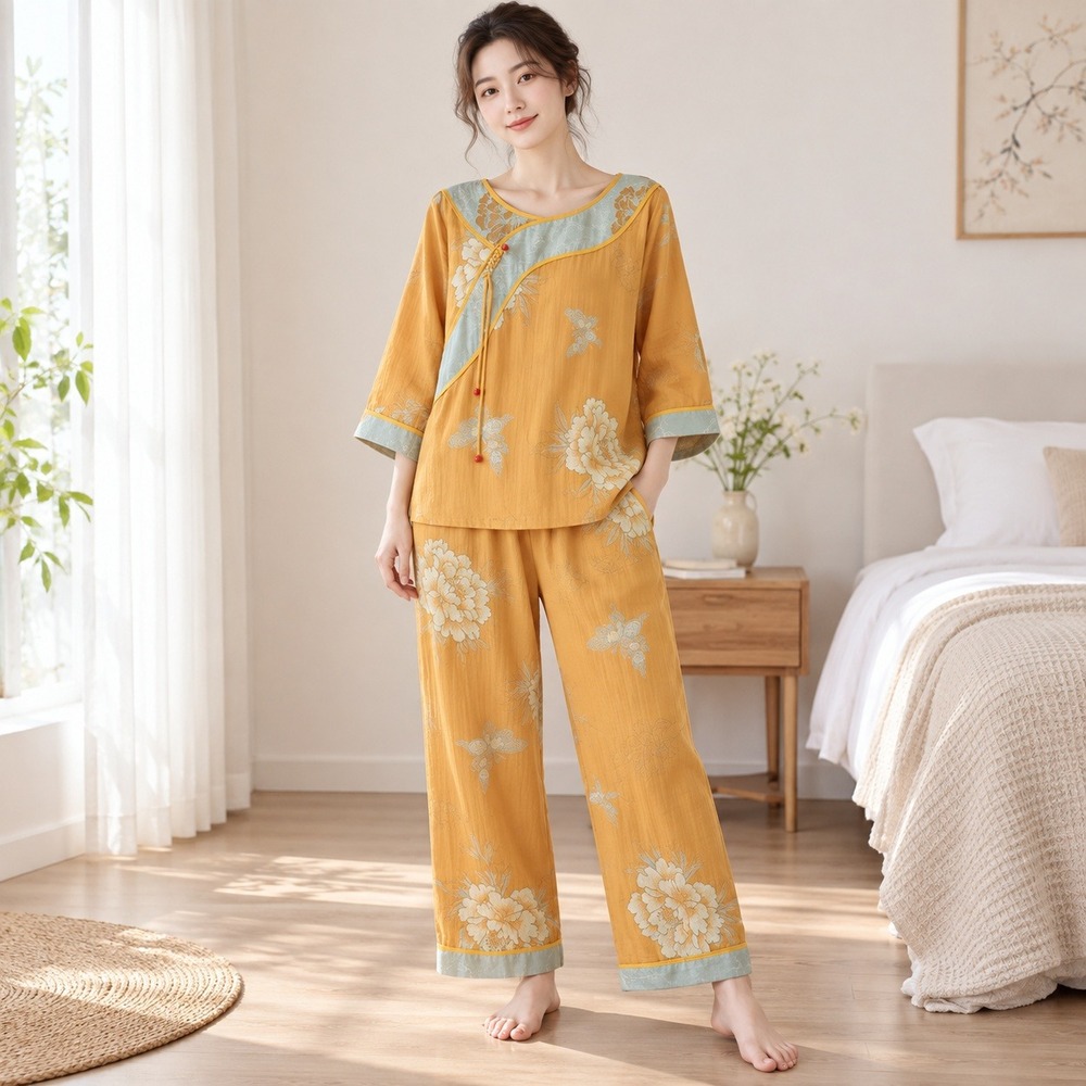 Ownkoti Womens L Peony Butterfly Jacquard Cotton Gauze 2Pc Pajama Set